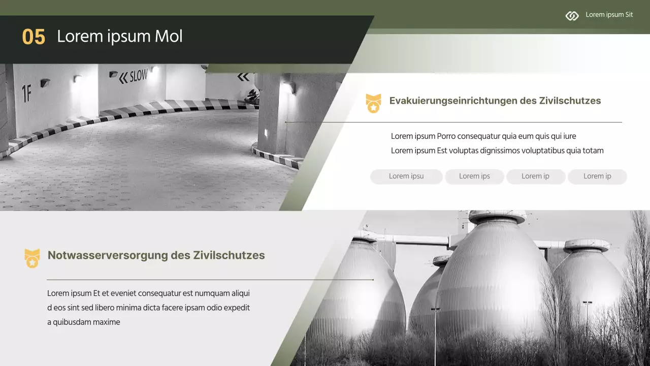 Modernes Zivilschutz-Ausbildungsmaterial in gelb und khaki