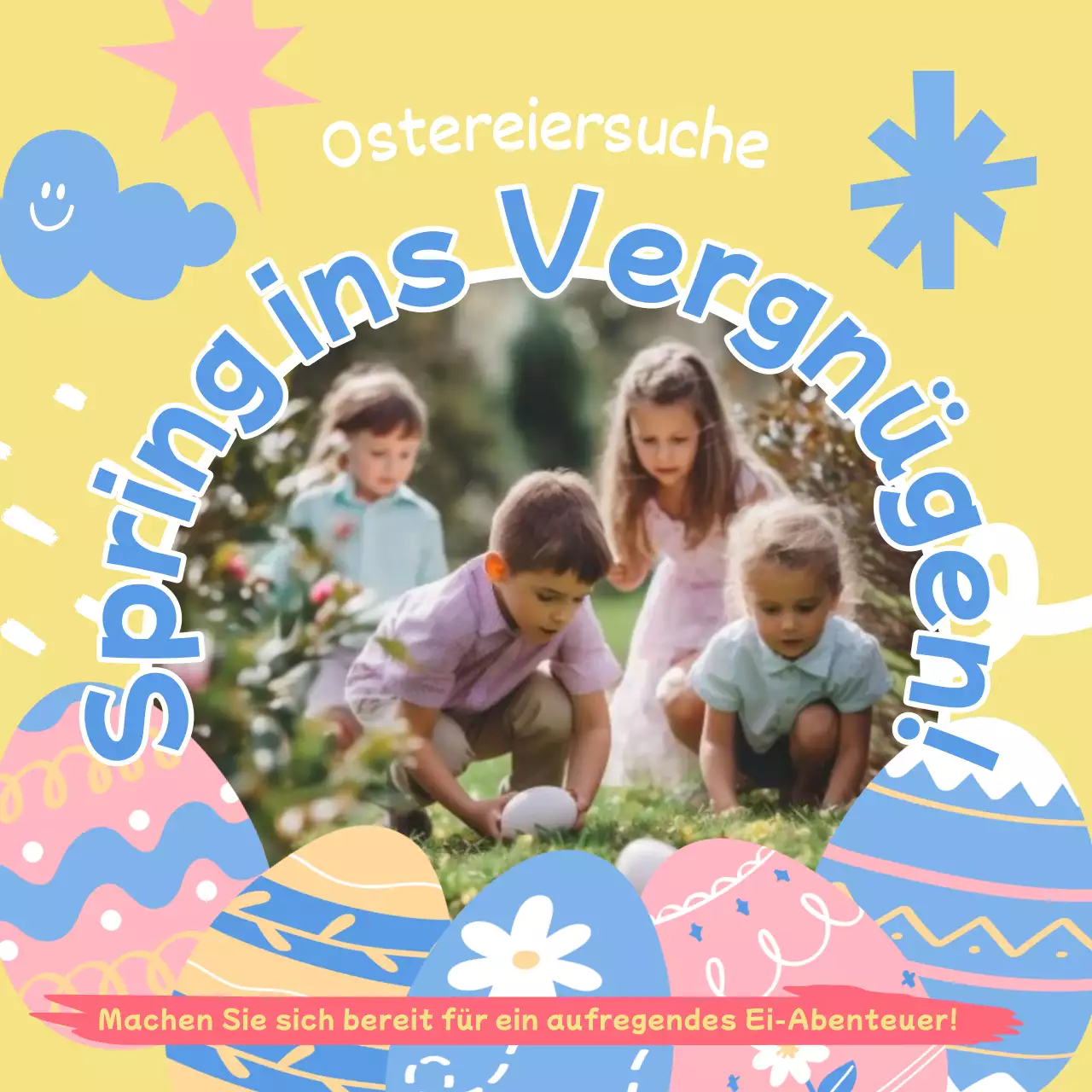 Werbung für eine Ostereiersuche in Pastelltönen wie Rosa und Hellblau