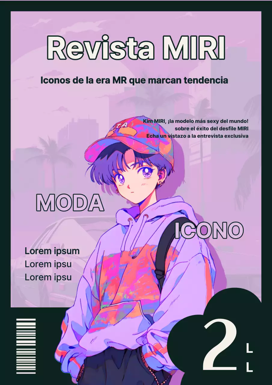 Portada de revista de moda kitsch con fondo morado