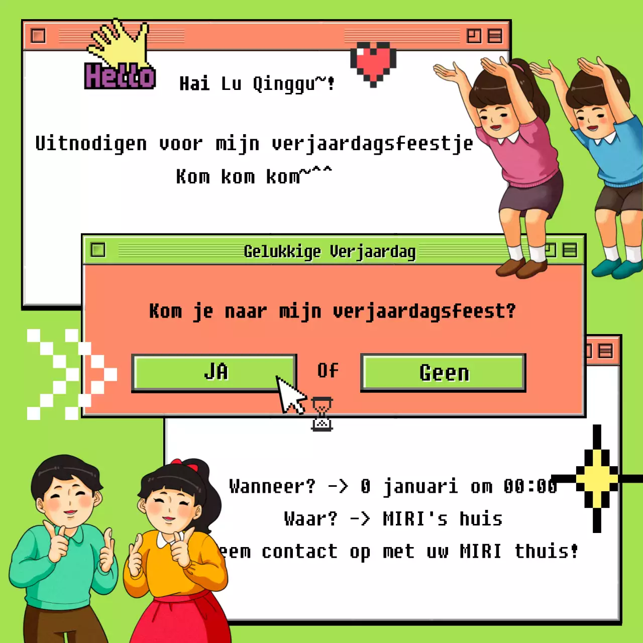 Retro pop-up verjaardagsuitnodiging in chartreuse en roze