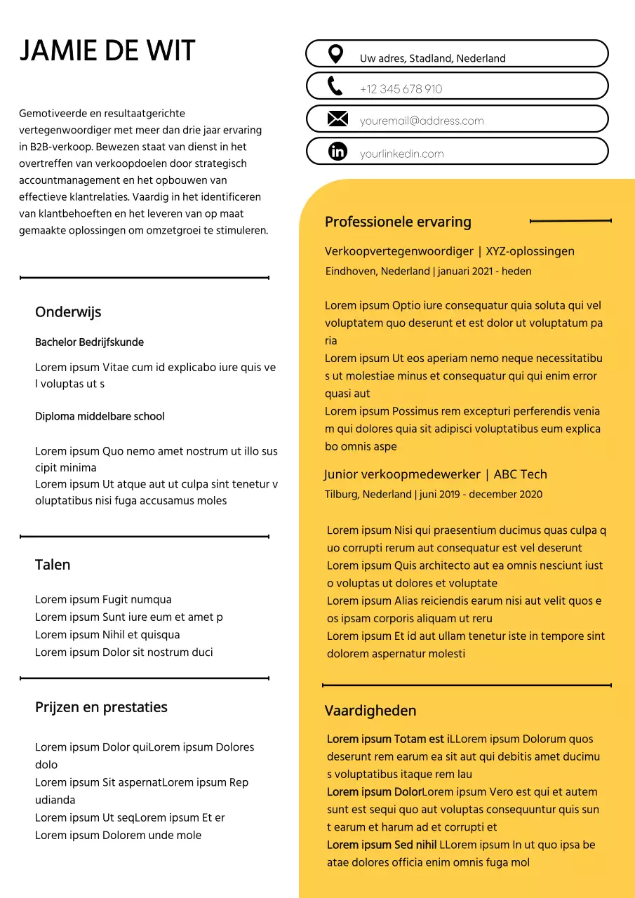 Witte en gele eenvoudige vertegenwoordiger cv