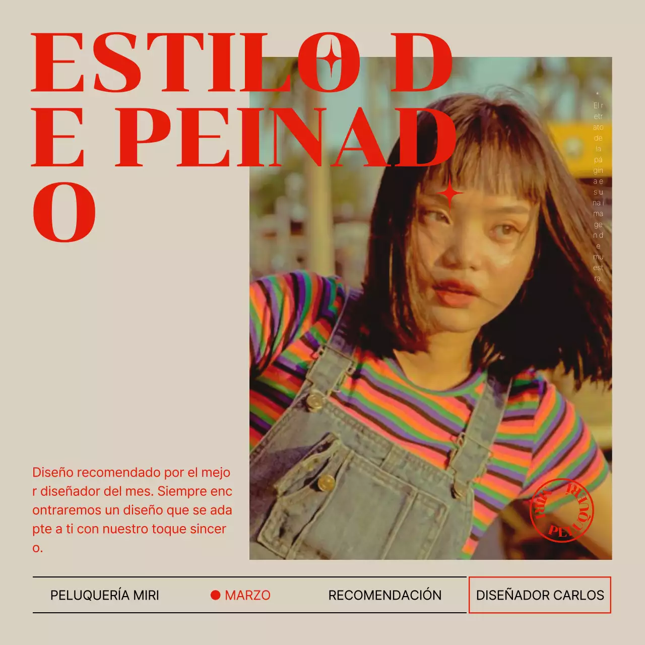 Promueve recomendaciones de peinados modernos en beige y rojo