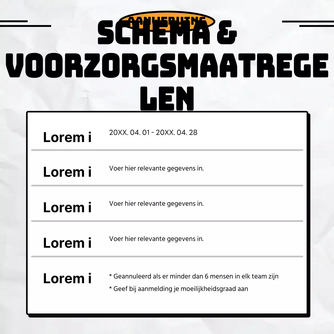 Minimalistische wervingsadvertentie voor voetbalclub in zwart en oranje