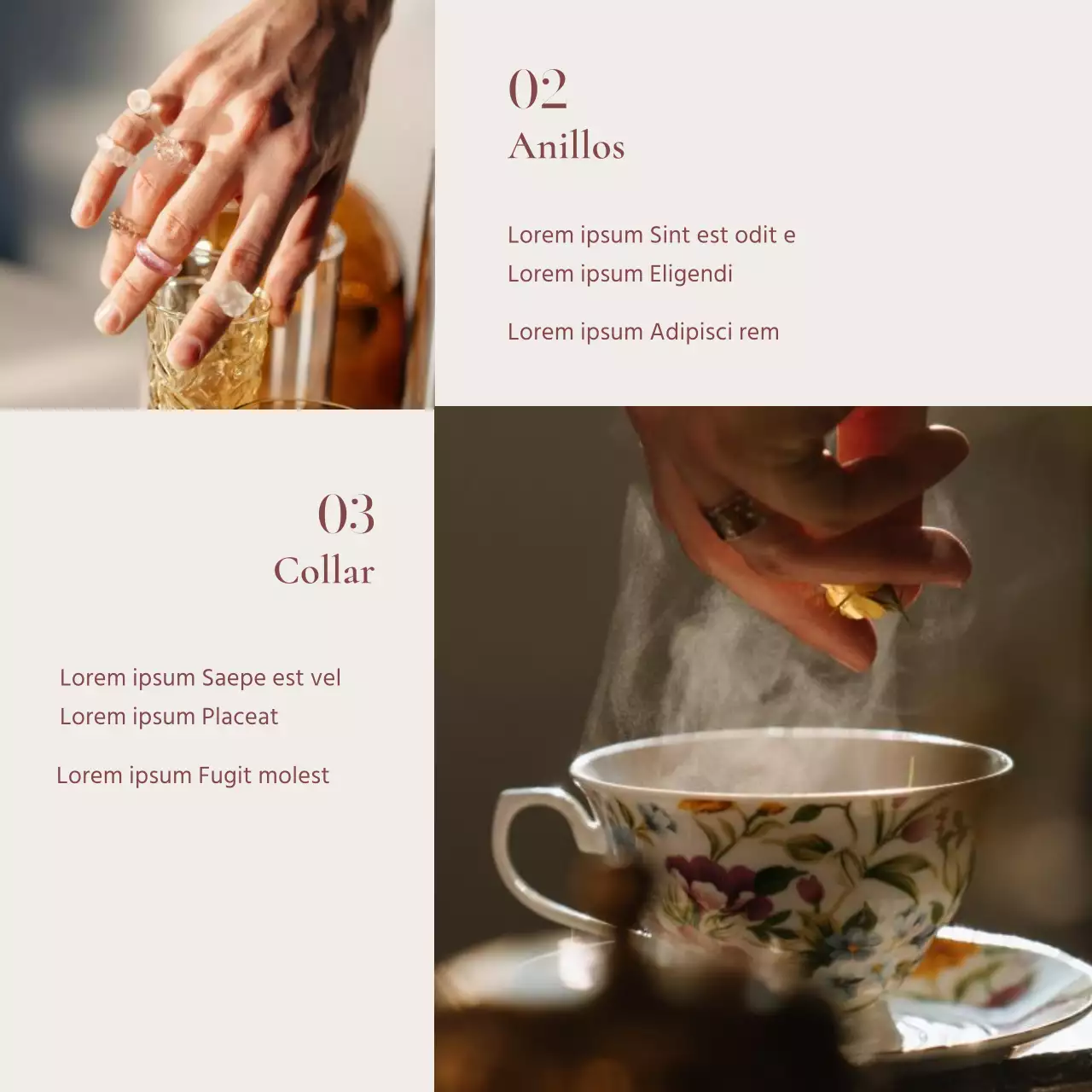 Anuncio de venta de un lookbook de accesorios de bisutería de moda en rosa y marrón.