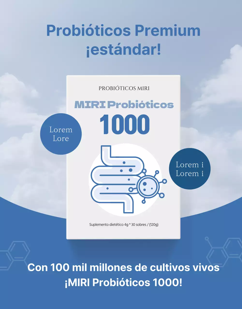 Resumen del producto lactobacilos simples en azul marino y azul claro