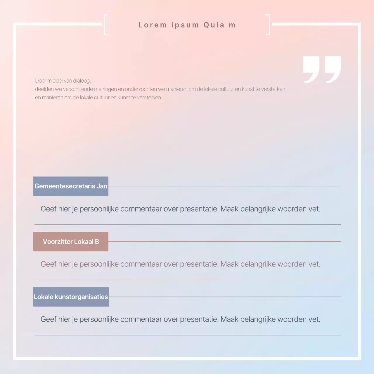 Een eenvoudig roze en lichtblauw verslag van het resultaat van de vergadering