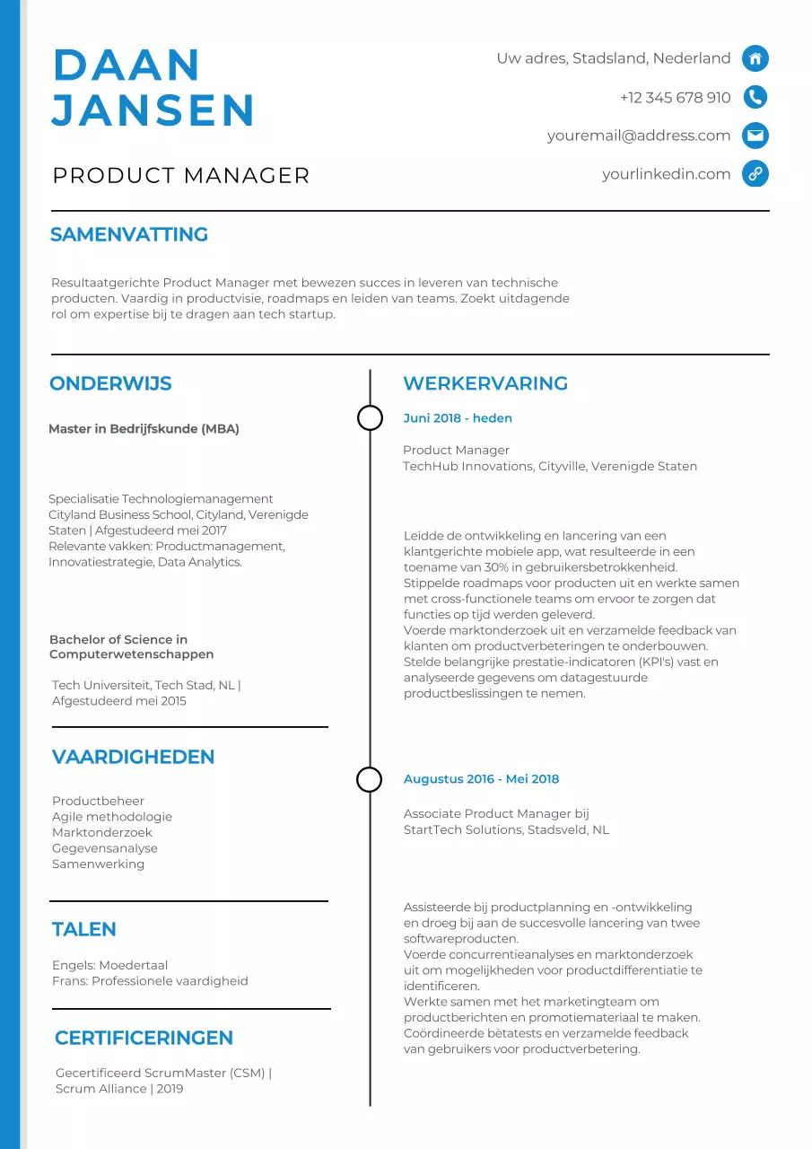 Witte en blauwe klassieke productmanager cv