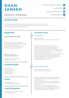 Witte en blauwe klassieke productmanager cv