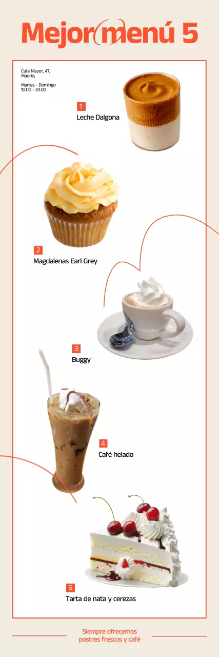 Promover bebidas de postre de cafetería con toques de naranja