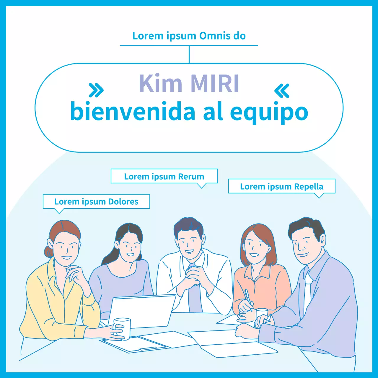 Sencillo anuncio de bienvenida al equipo con gráficos en malva y azul claro