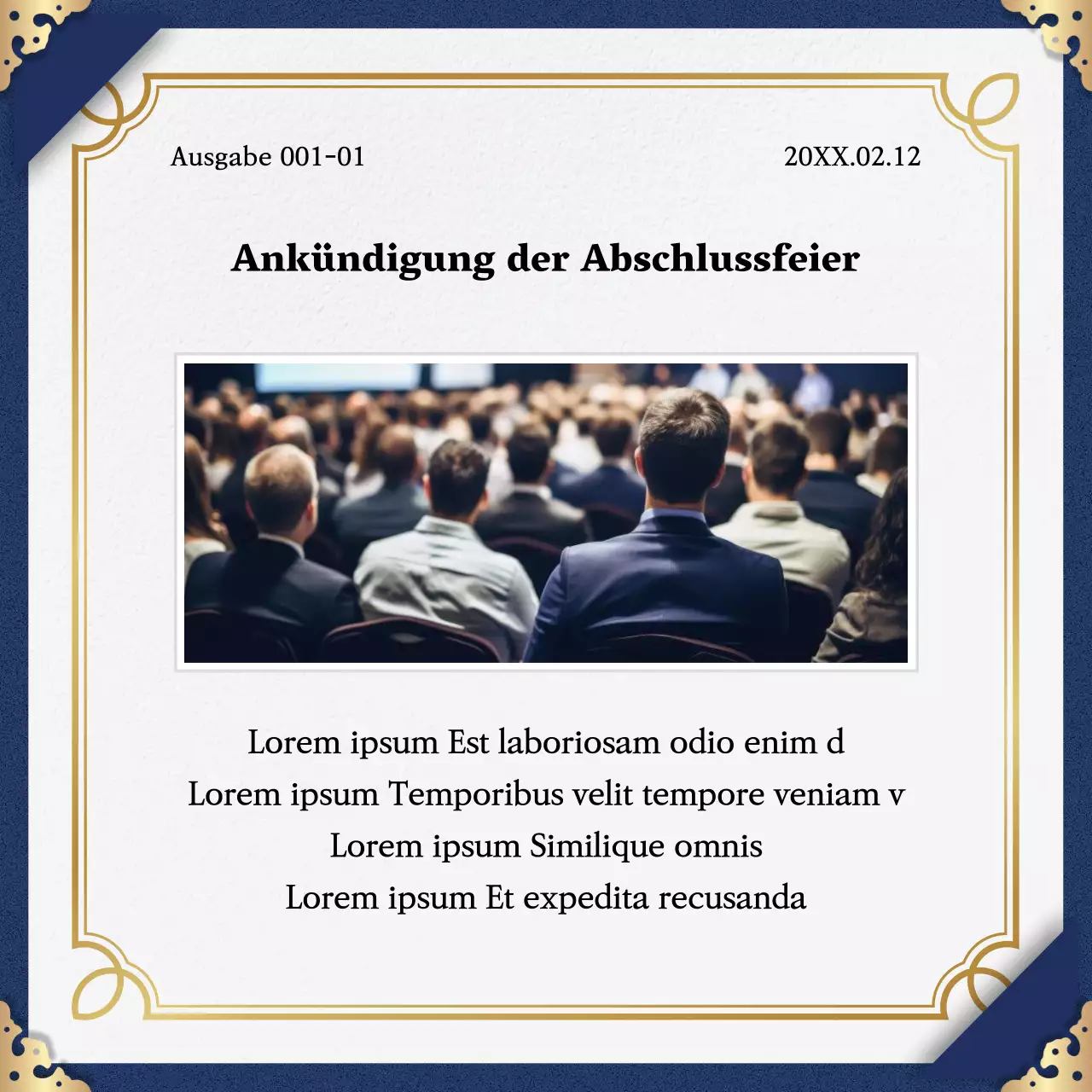 Werben Sie für den Abschluss des Programms mit einem klassischen Farbschema in Marine und Gold