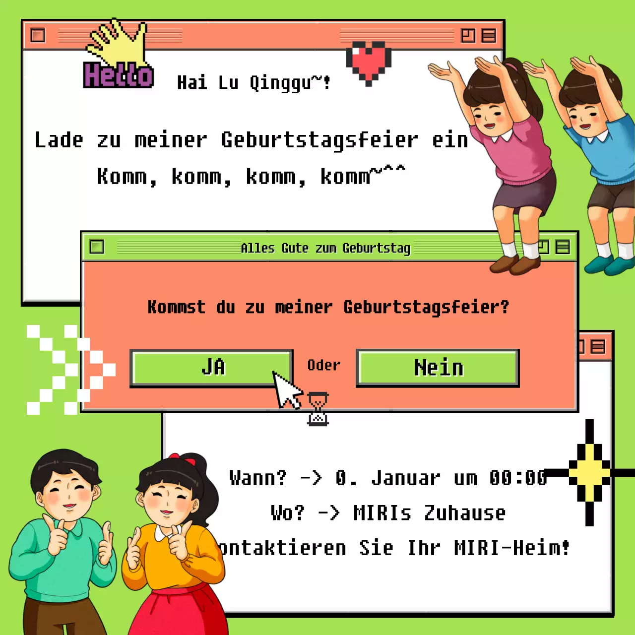 Retro-Pop-up-Geburtstagseinladung in Chartreuse und Rosa