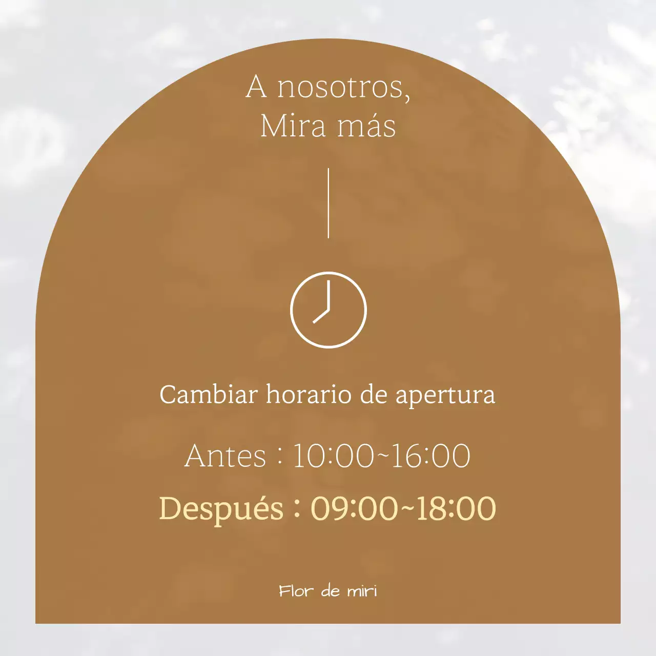 Moderno anuncio de horarios de apertura en blanco y marrón