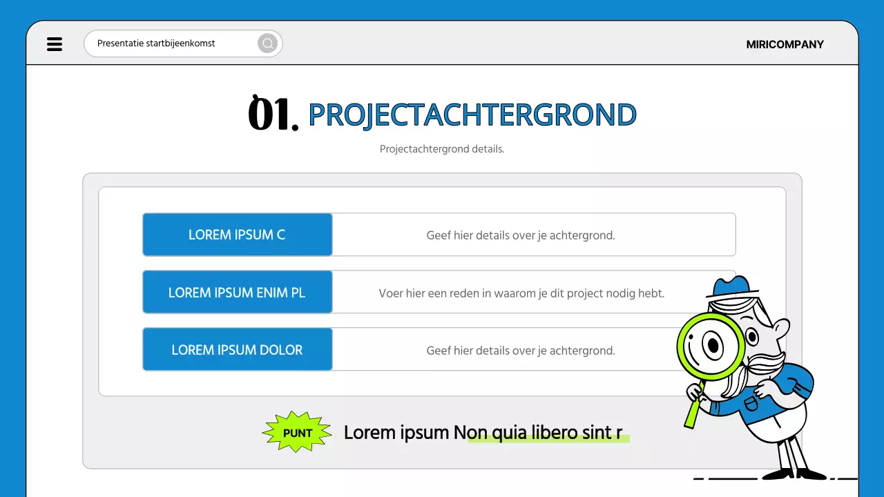 Een eenvoudige agenda voor de startvergadering van een project in blauw en fluorescentie