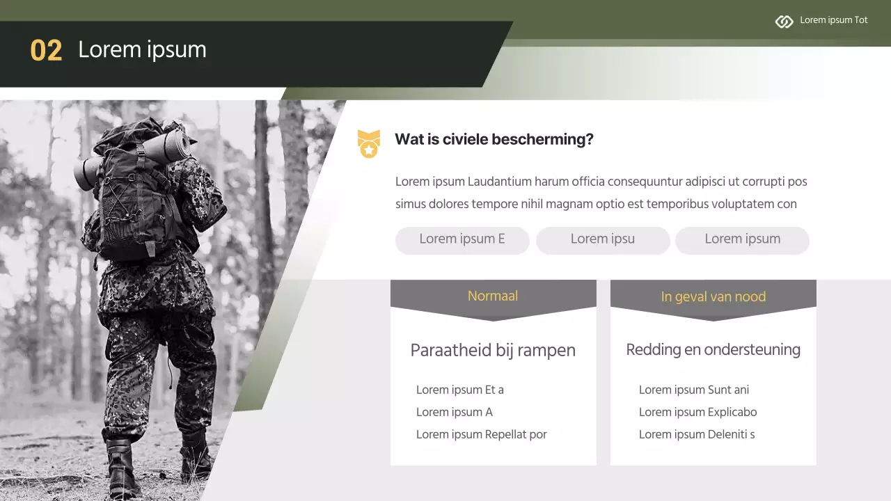 Modern trainingsmateriaal voor civiele bescherming in geel en kaki