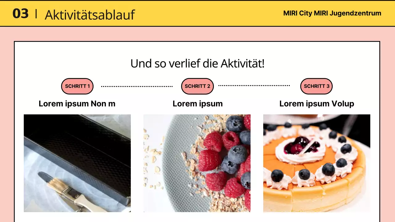 Präsentation des Programms in der gelben und rosa Mitte