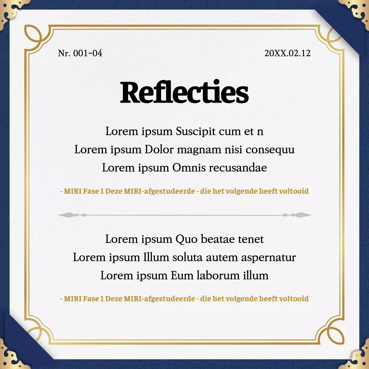 Promoot de voltooiing van het programma met een klassiek kleurenschema in marineblauw en goud