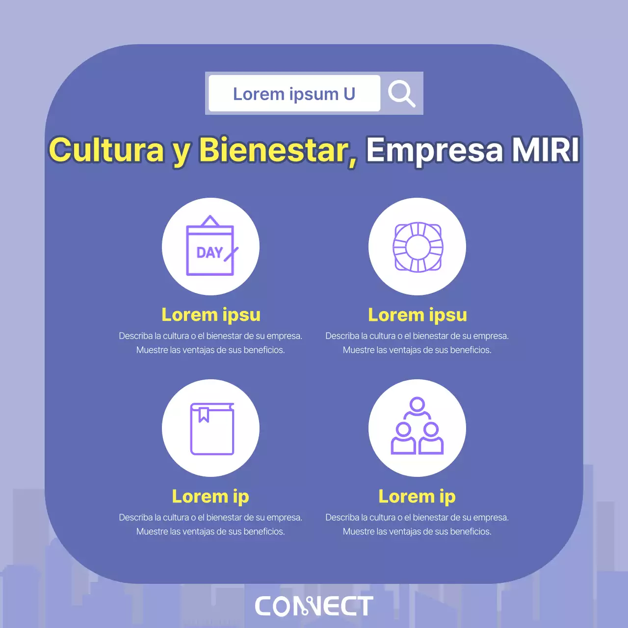 Una carta de presentación de empresa minimalista en morado y amarillo