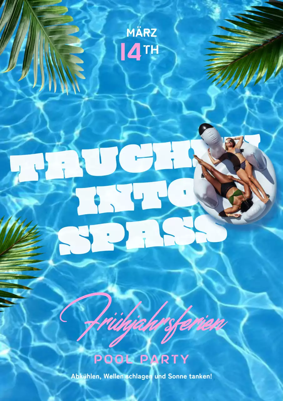 Werben Sie für eine Strandparty mit Fotos von Menschen und Pflanzen, die in Hellblau schwimmen.