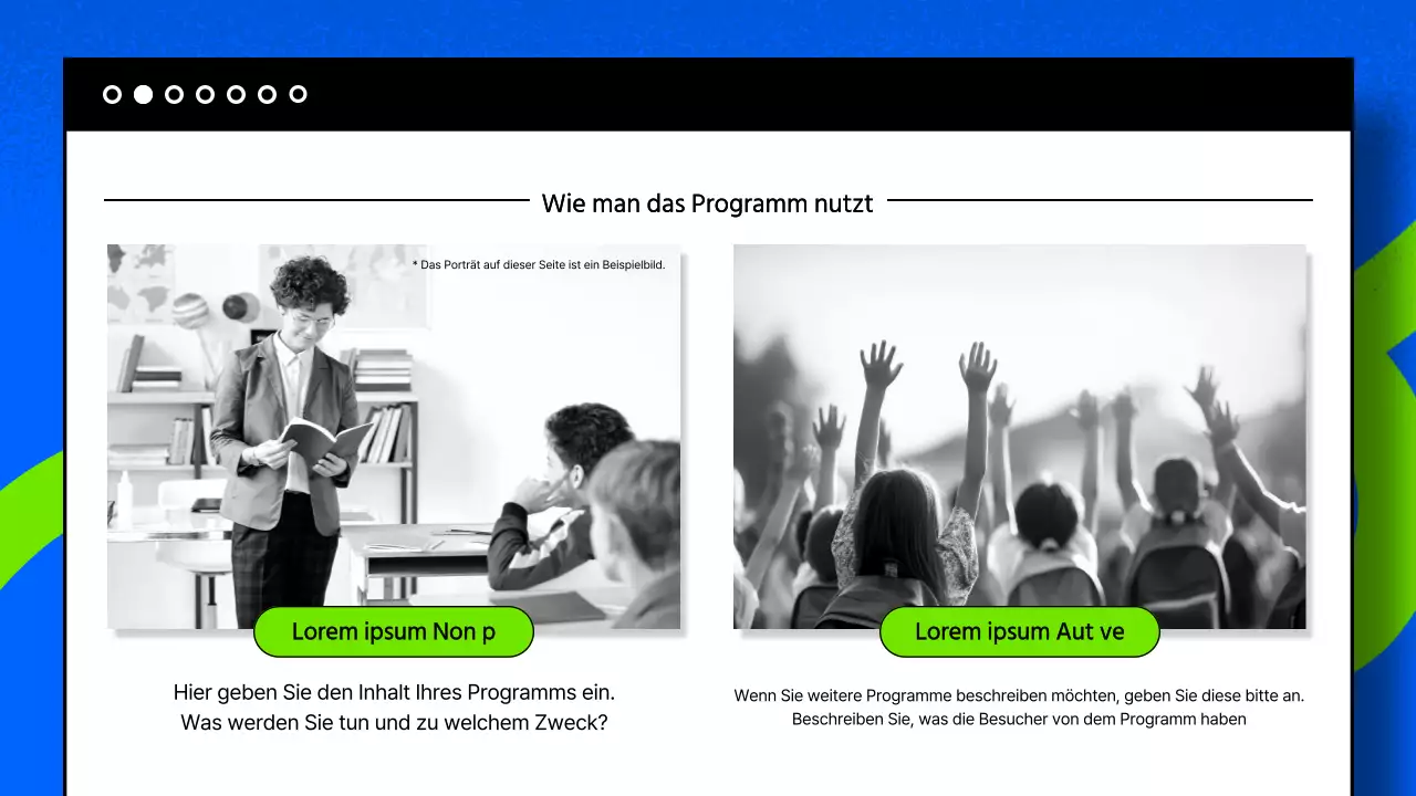 Eine Publikation mit Schwerpunkt auf Fotografie mit blauen und chartreusen Farbtönen