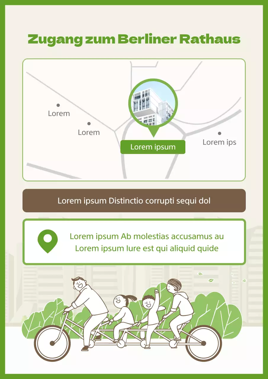 Wegbeschreibung zum einfachen, hellgrünen und braunen administrativen Wohlfahrtszentrum