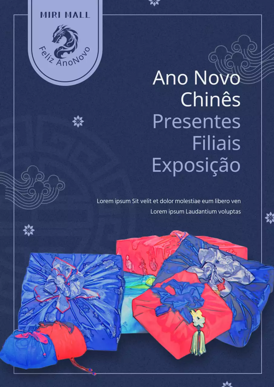 Um anúncio retro do Ano Novo Chinês em azul-marinho e lilás.