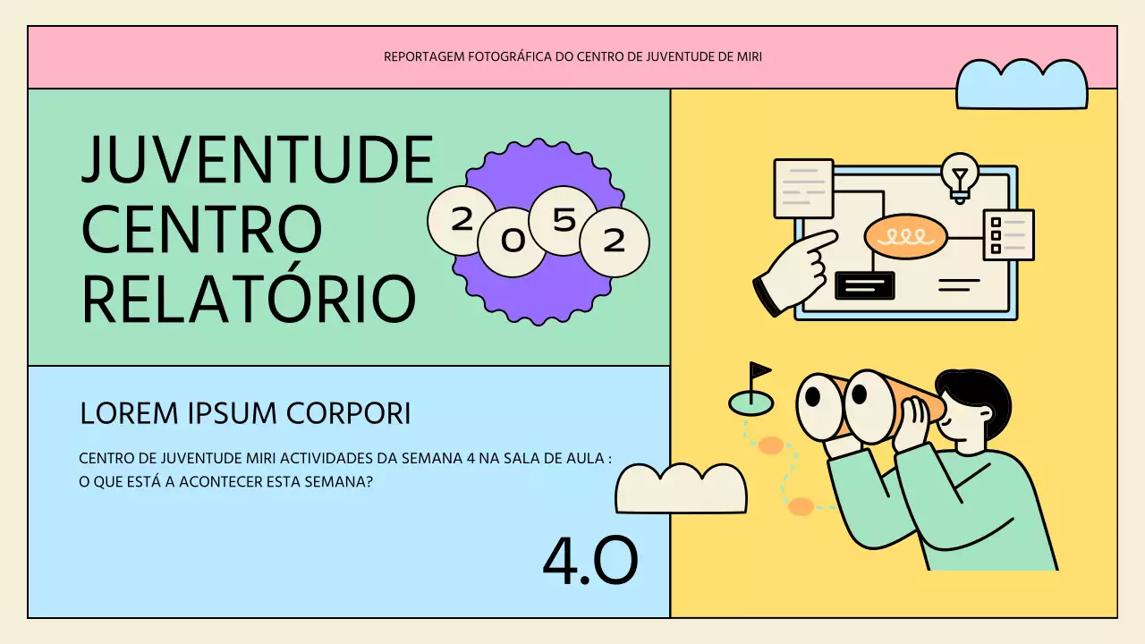 Apresentações de actividades do centro de juventude amarelas e mentoladas