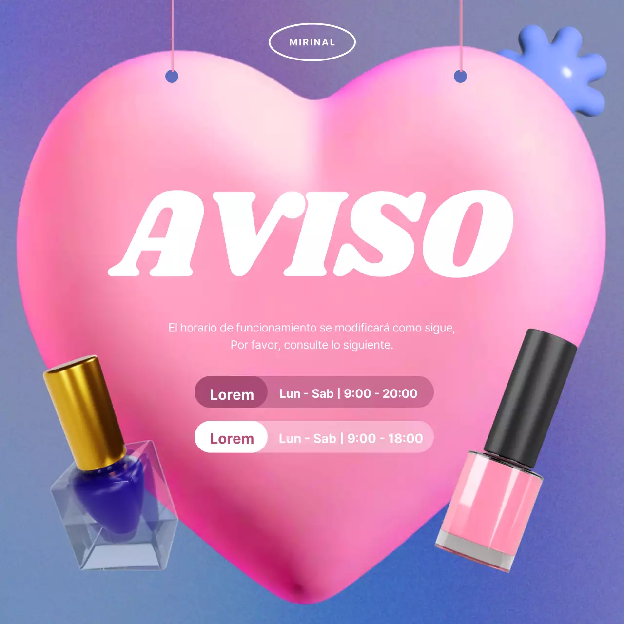 Un salón de manicura kitsch morado y rosa anuncia su horario de apertura