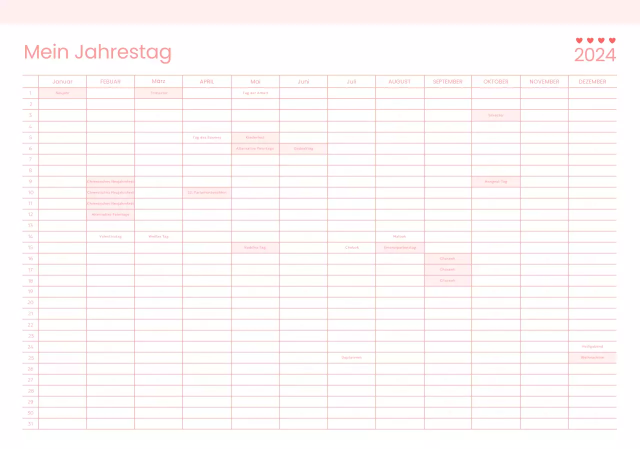 Gestalten Sie einen Jubiläums-Check-Kalender mit einem rosa Thema