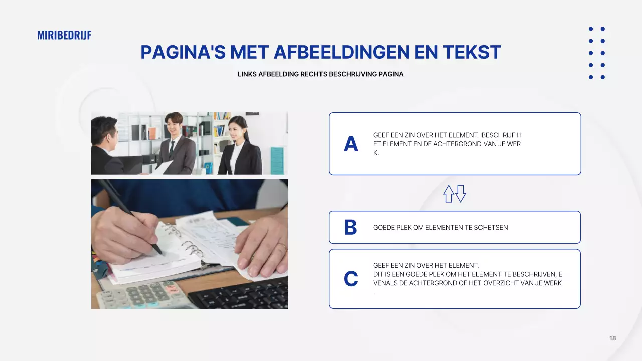 Minimalistische bedrijfspresentatie in wit en marineblauw