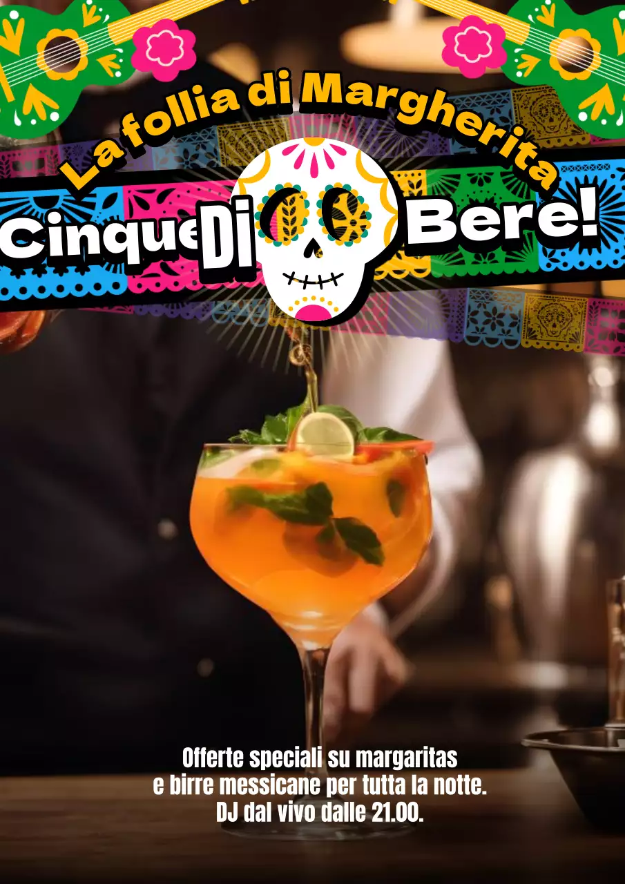 Pubblicità per evento bar Cinco Mayo kitsch verde e arancione