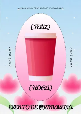 Promocione la hora feliz de una cafetería con diseños geométricos en rosa y azul claro