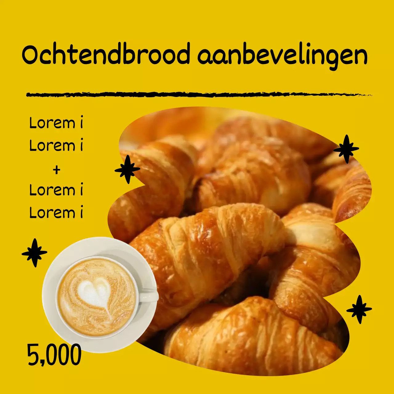 Eenvoudig bakkerijcafé-menu in geel en beige met een kortingsadvertentie
