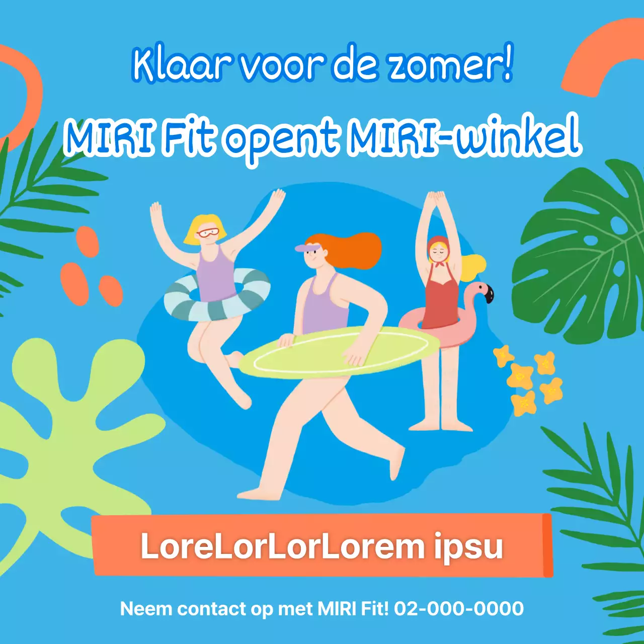 Promoot tropische zomersportevenementen in blauw en oranje