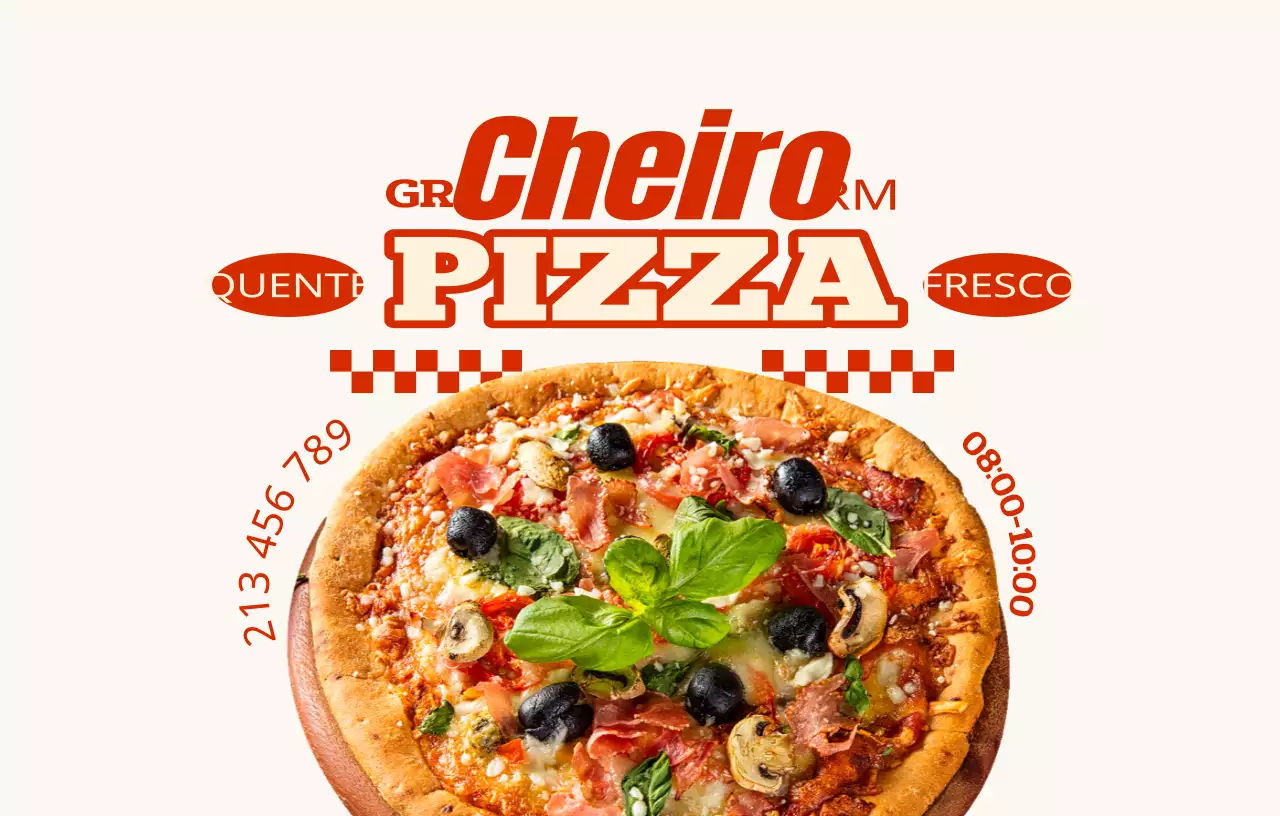 Uma pizzaria com texto e padrões de inspiração retro