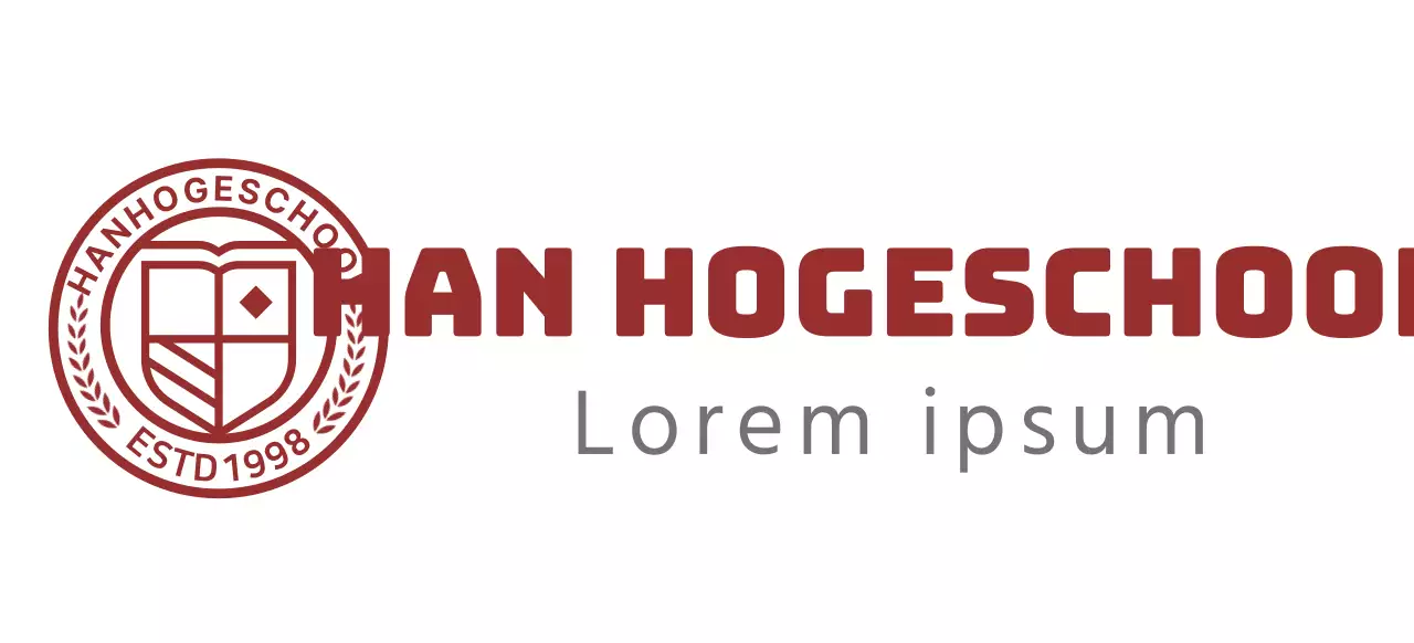 Middelbare school logo in de vorm van een cirkelvormig onderwijssymbool in bordeauxrood