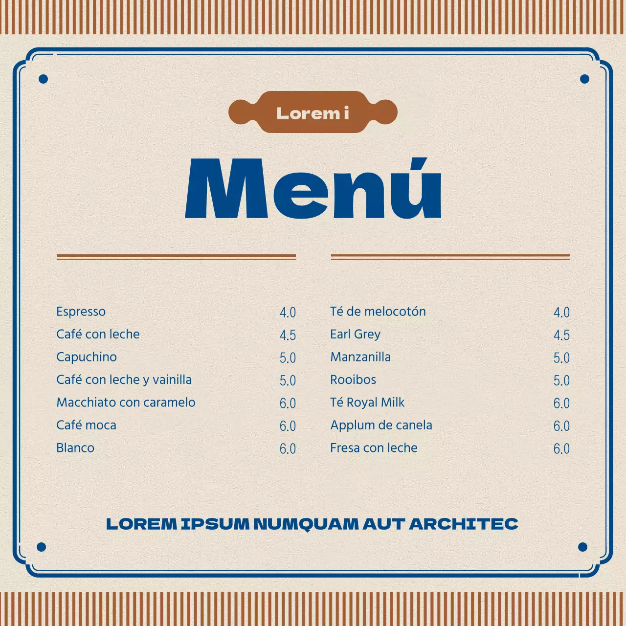 Anuncio de cafetería retro en marrón y azul