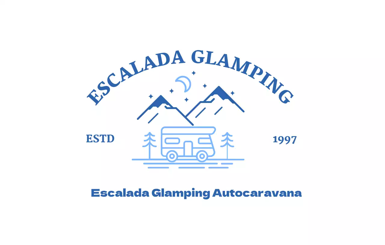 Loja de campismo com ilustrações de montanhas, da lua e de autocaravanas