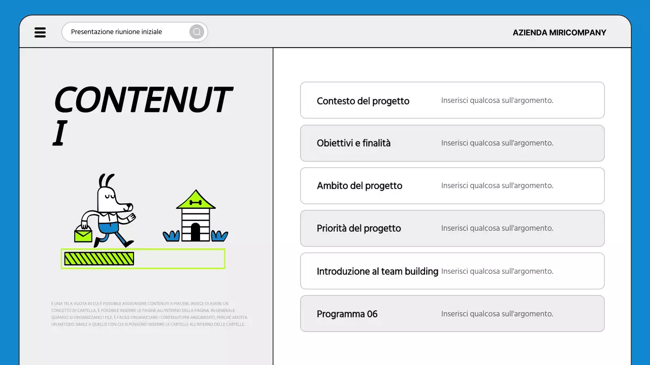 Una semplice agenda per la riunione di avvio del progetto in blu e fluorescenza