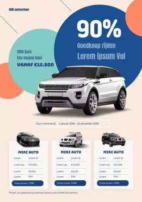 Een eenvoudige autoverhuuradvertentie in oranje en blauw