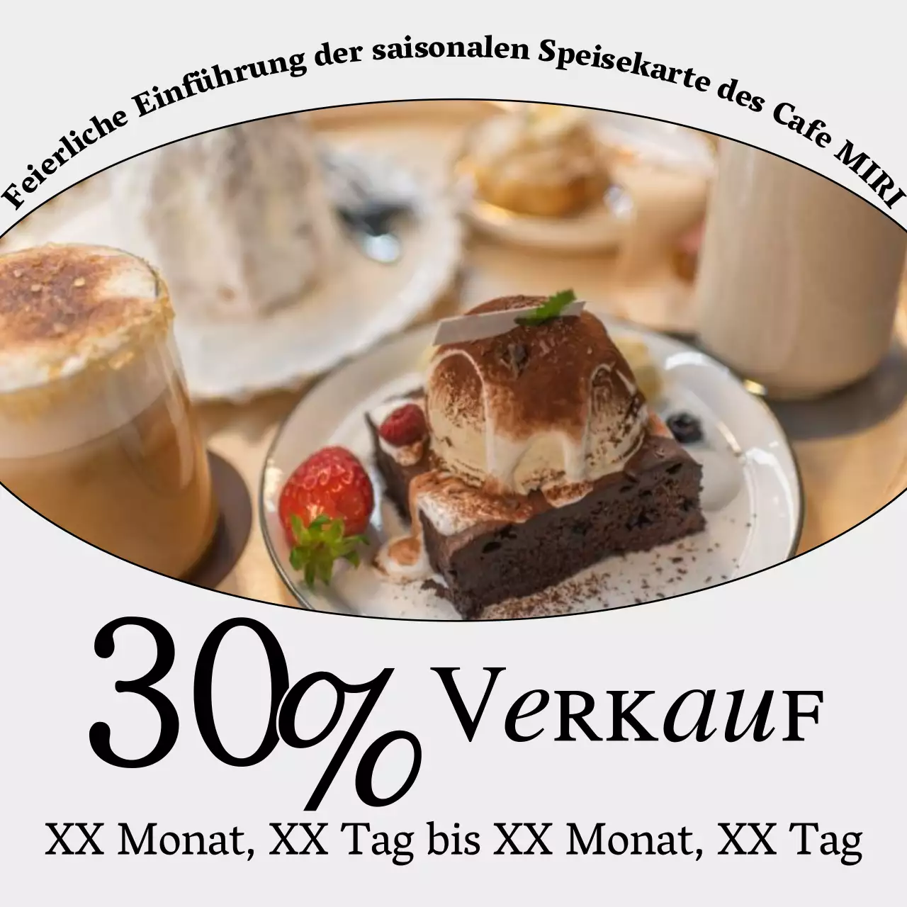 Minimalistische Cafe-Ankündigung in Grau und Schwarz-Weiß