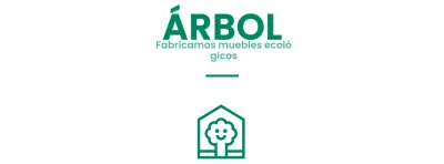 Diseño corporativo de muebles en color con logotipo de marca que representa un árbol en una casa