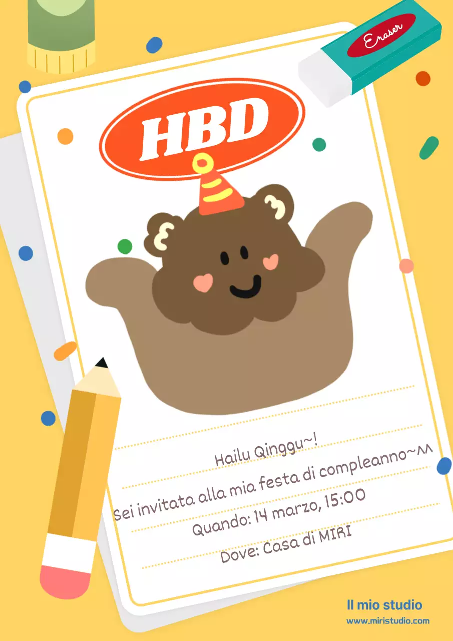 Simpatico invito per festa di compleanno in giallo e marrone