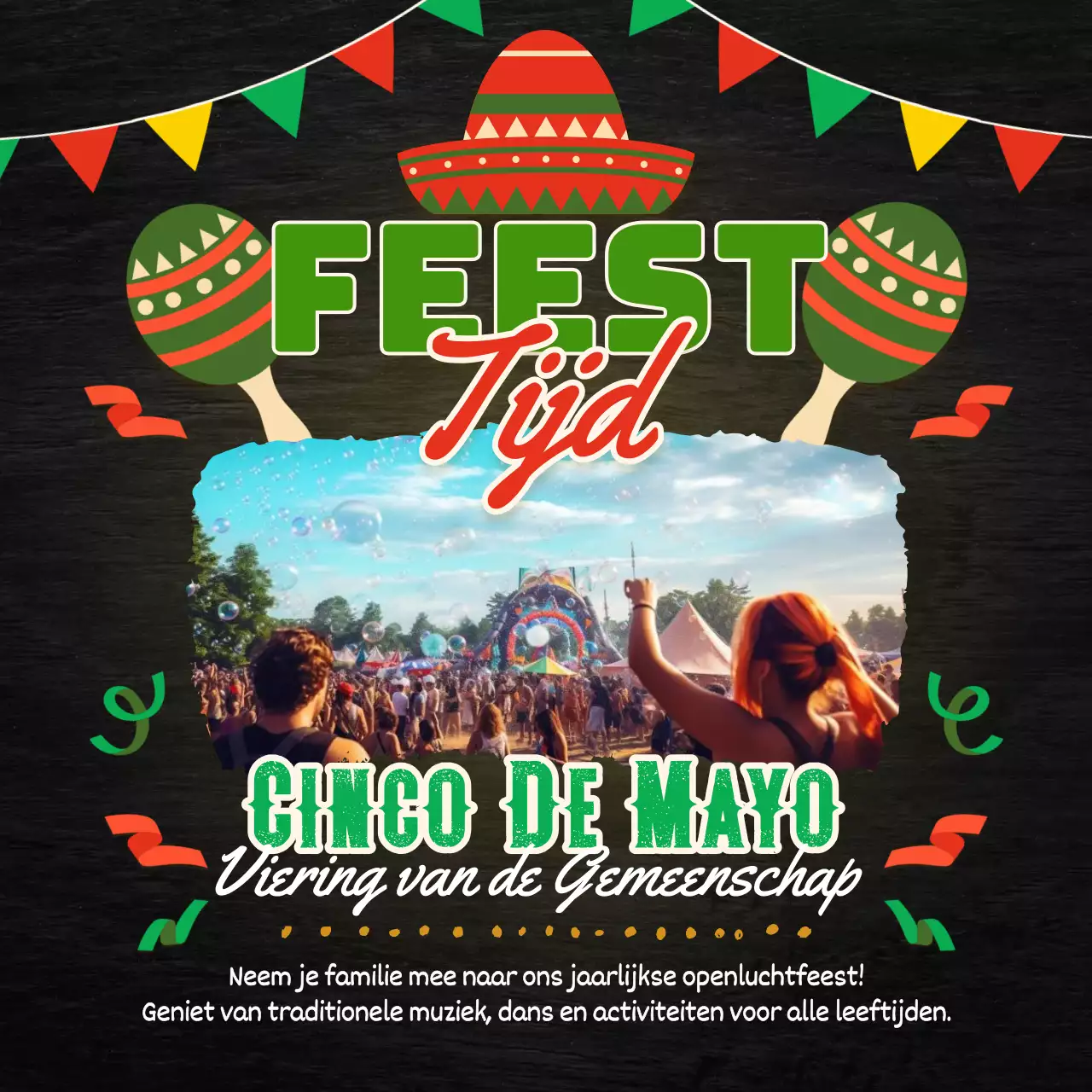 Zwart met groene kitsch Cinco de Mayo Uitnodiging voor gemeenschapsevenement