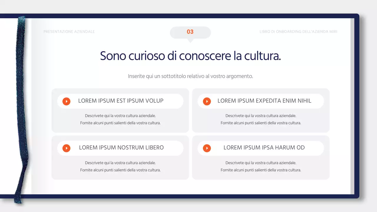 Materiale di formazione semplice, blu e arancione, per l'onboarding dei nuovi assunti