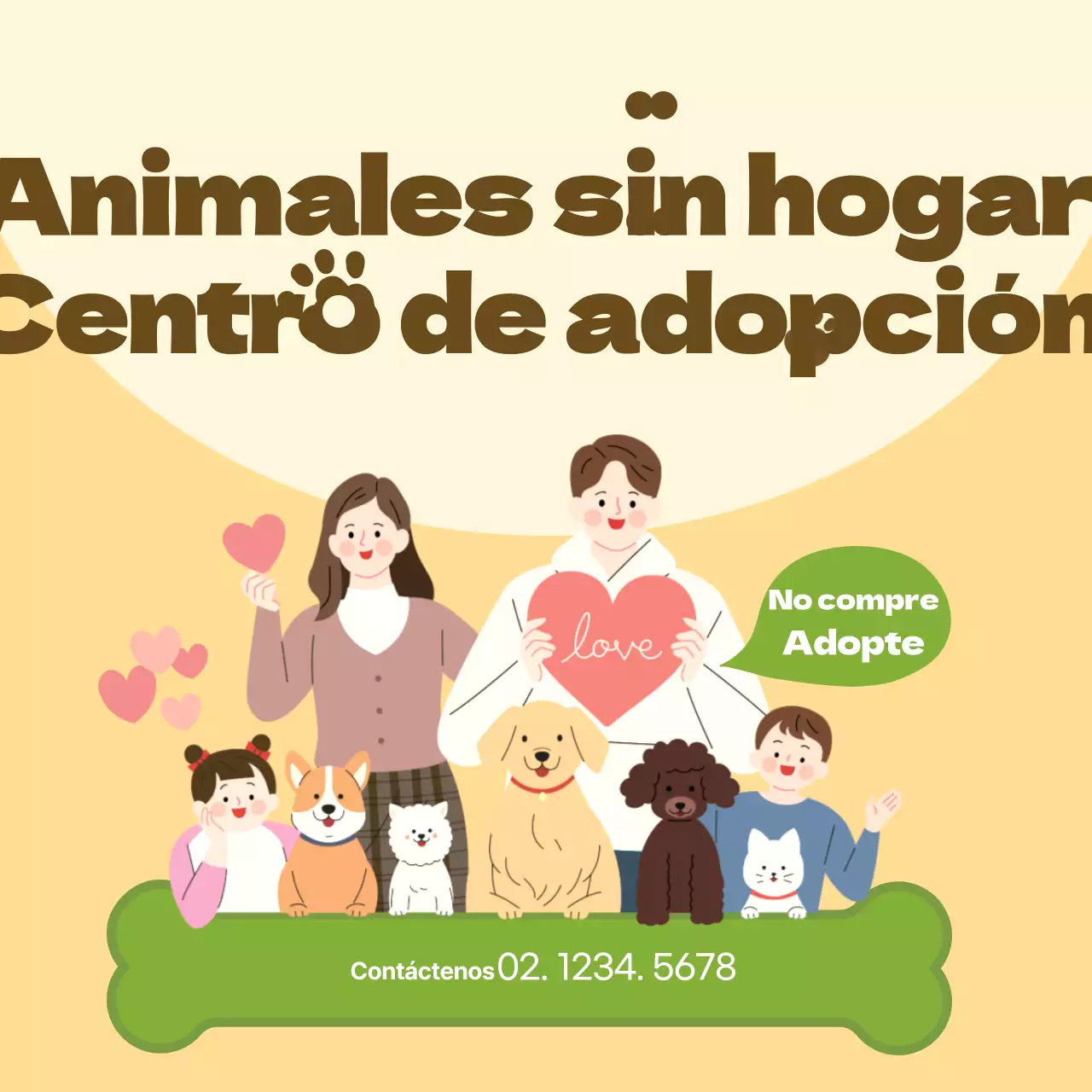 Promover el centro de adopción de mascotas amarillo y verde.