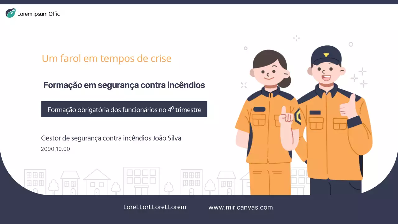 Materiais simples de formação sobre segurança contra incêndios em azul-marinho e laranja