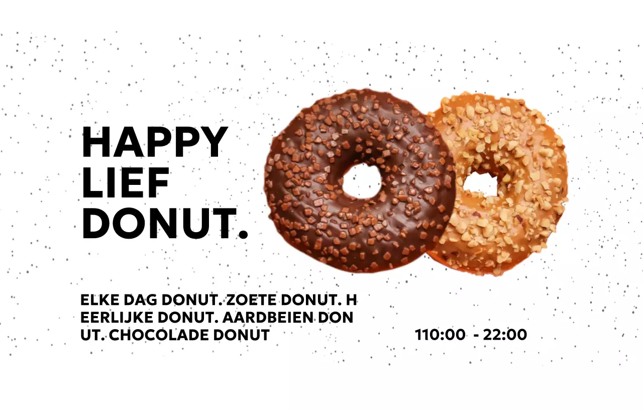 Eenvoudige donutwinkel met stippenachtergrond en gotisch lettertype en donutfoto's