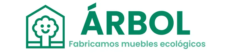Diseño corporativo de muebles en color con logotipo de marca que representa un árbol dentro de una casa