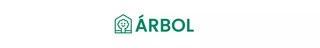 Diseño corporativo de muebles en color con logotipo de marca que representa un árbol dentro de una casa